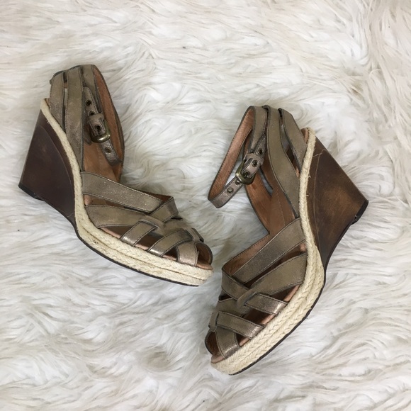 Leather Peep Toe Wooden Espadrille Fossil Wedges - Picture 3 of 8